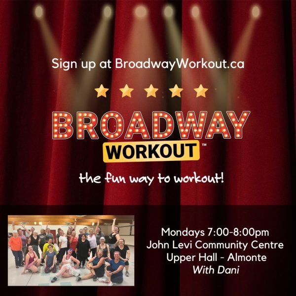 Mondays 7:00 PM - 8:00 PM September 22 to November 17 (8 weeks, no class October 13) Upper Hall at the John Levi Community Centre 182 Bridge St, Almonte with Dani! Sign up: https://broadwayworkout.ca/product/mondays-almonte/